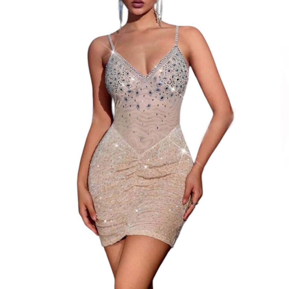 Gorgeous Mesh Sequin & Velvet Shimmer Bodycon Party Dress With Spaghetti Strap